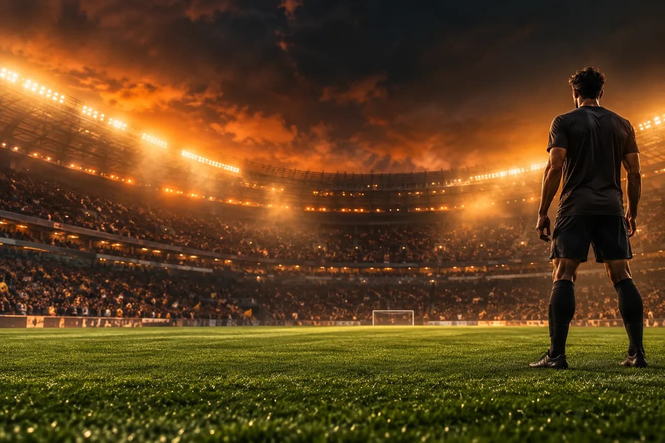 Jogador em um estádio iluminado ao anoitecer; imagem ilustrativa